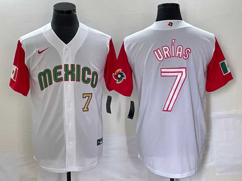 Men%27s Mexico Baseball #7 Julio Urias Number 2023 White Red World Classic Stitched Jersey 43